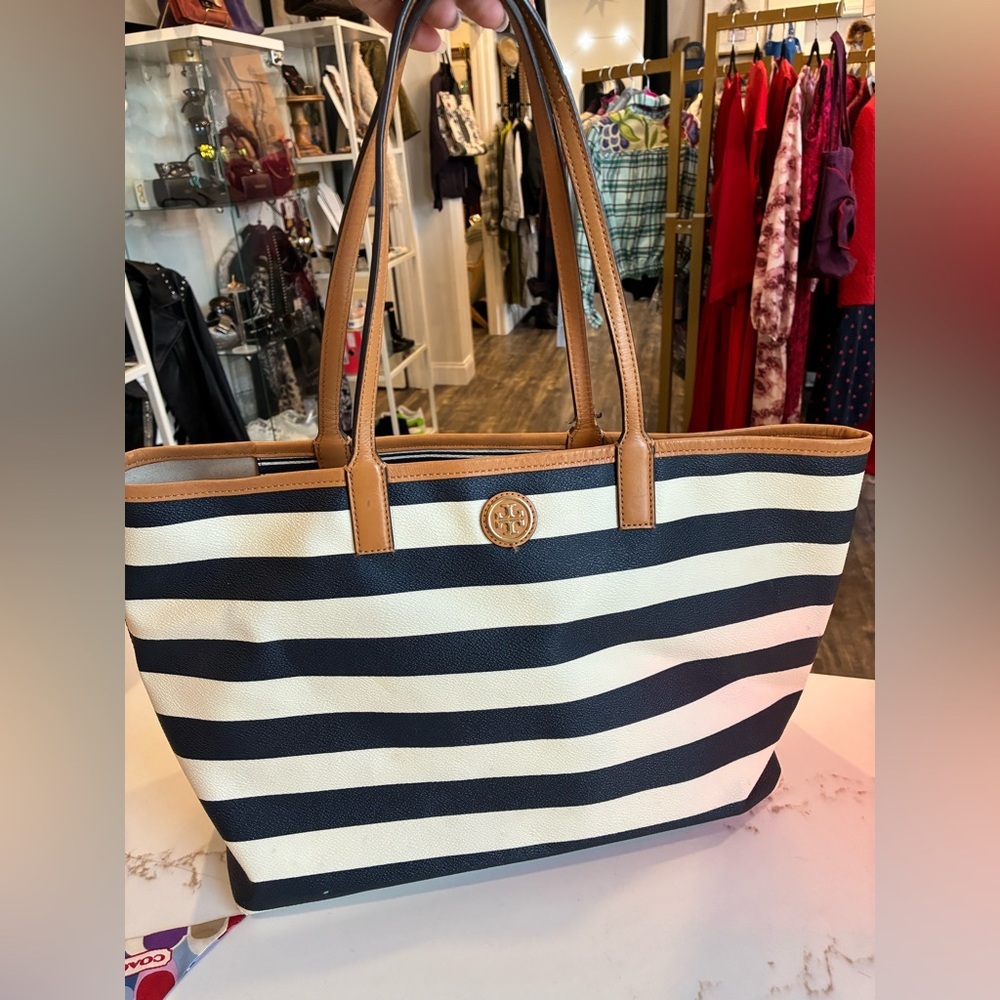 Tory Burch navy and white striped tote bag